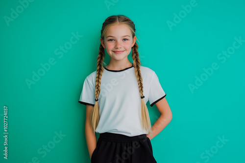 Braided blonde girl in white t-shirt with black edges, turquoise and aquamarine studio background