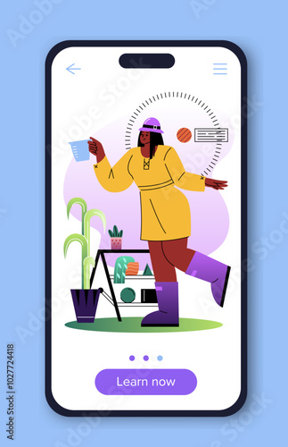 Blogger on phone screen. Woman gardening. Hobby and leisure. Botany and floristry. Famous vlogger at mobile phone. Marketing and promotion. Flat vector illustration