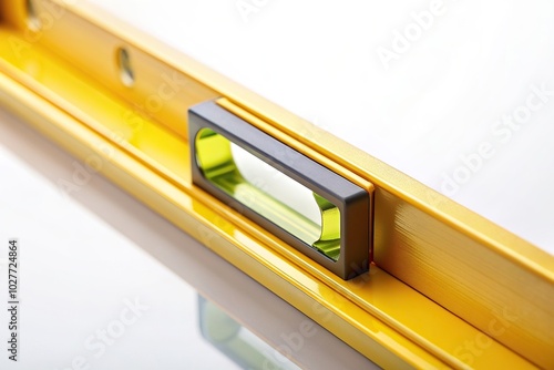 lines, balance, construction tool, alignment, A close up shot of a yellow building level placed on a clean and plain white background showcasing its leading lines and precision