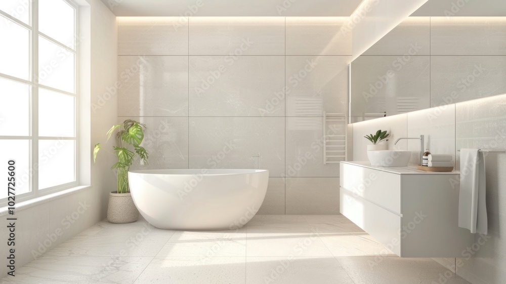 Minimalist modern bathroom with freestanding tub and sunlit interior design Minimalist modern bathroom with freestanding tub and sunlit interior design