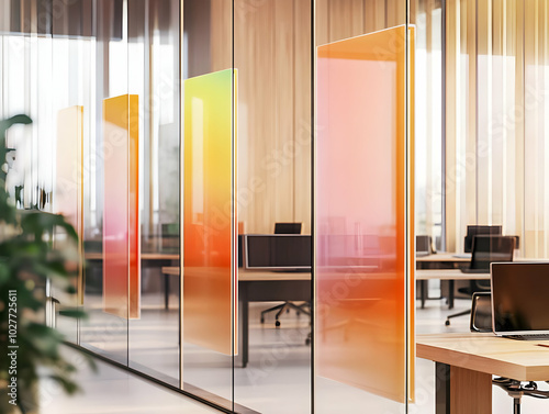 Modern office space with colorful glass partitions and minimalistic design.