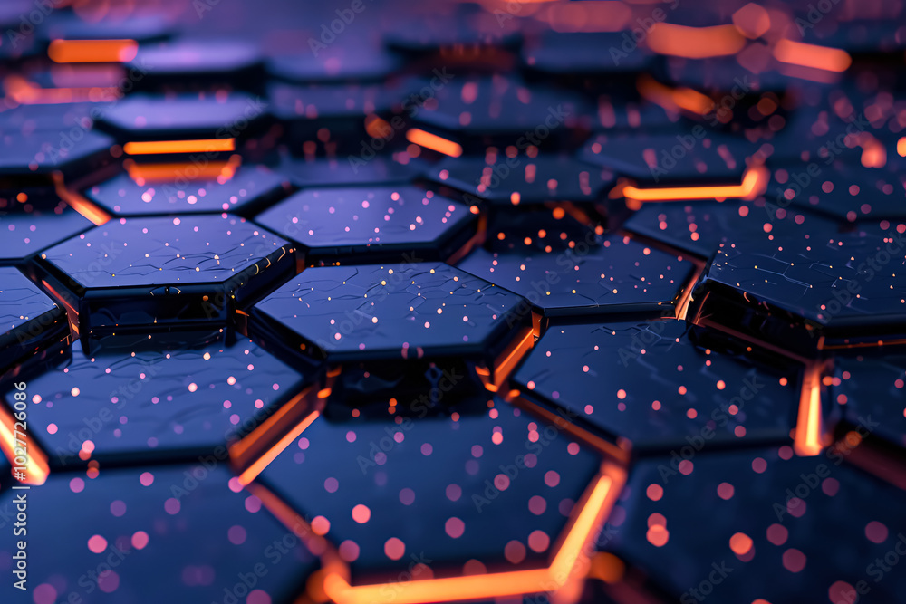 Fototapeta premium Close up of a pattern of hexagons with a lot of orange and black. The pattern is very busy and the colors are very bright. The image has a lot of energy and movement