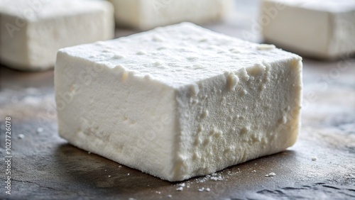 A close up photo of a white rectangular homemade marshmallow perfectly cooked and symmetrical, bakery, food, snack, homemade, confection, fluffy, sweet, symmetrical, sweet tooth