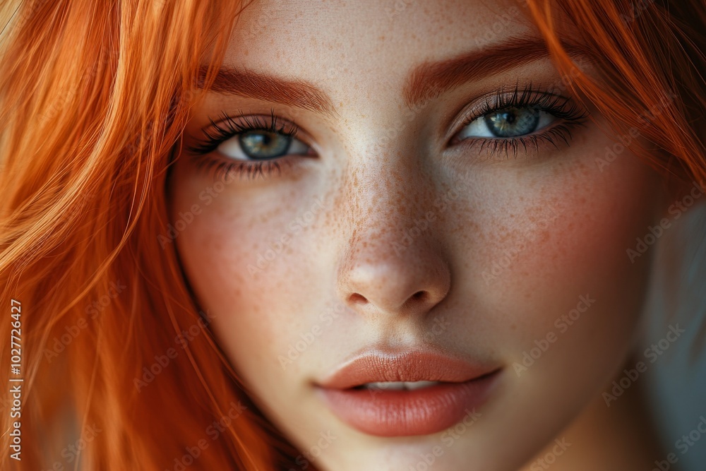 Close-up portrait of a smiling woman with orange hair, freckles, and blue eyes Close-up portrait of a smiling woman with orange hair, freckles, and blue eyes
