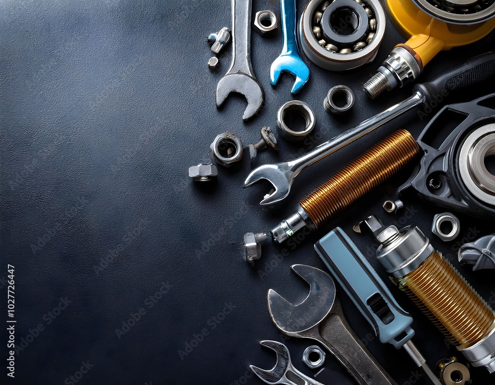 A comprehensive assortment of tools and auto parts, comprised of wrenches, screwdrivers, nuts, and bolts, arranged in a visually appealing display on a black background, highlighting the intricate det A comprehensive assortment of tools and auto parts, comprised of wrenches, screwdrivers, nuts, and bolts, arranged in a visually appealing display on a black background, highlighting the intricate det