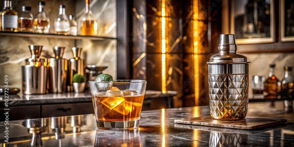 Elegant Home Bar Setup with Whiskey Glass and Shaker on Marble Counter for a Sophisticated Atmosphere Elegant Home Bar Setup with Whiskey Glass and Shaker on Marble Counter for a Sophisticated Atmosphere