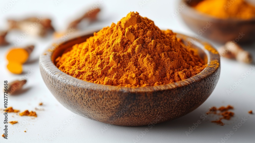 Turmeric Powder in Wooden Bowl Turmeric Powder in Wooden Bowl