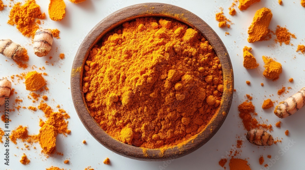 Turmeric Powder in a Wooden Bowl Turmeric Powder in a Wooden Bowl