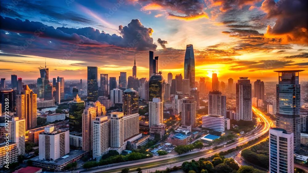 Obraz premium City Skyline at Sunset for Business Branding. Perfect for: New Year's Eve, Corporate Events, Major Cities