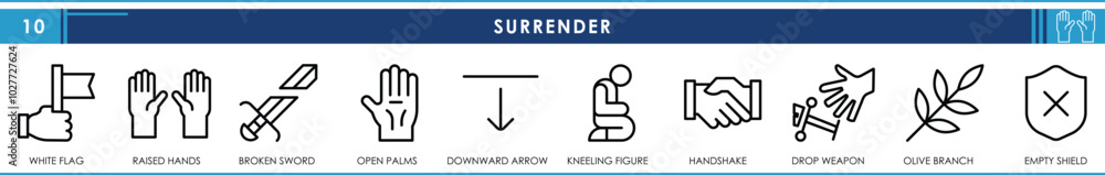A set of line icons related to Surrender. White flag, raised hands, broken sword, kneel, olive branch, and so on. Vector editable stroke. A set of line icons related to Surrender. White flag, raised hands, broken sword, kneel, olive branch, and so on. Vector editable stroke.