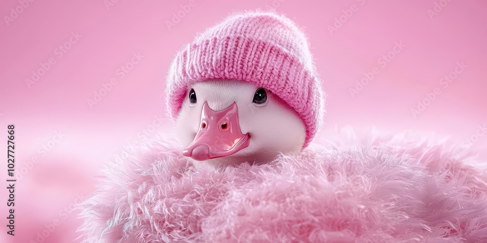Cute duckling in a pink hat, surrounded by fluffy pink background.