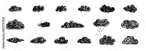Set of abstract pencil clouds. Hand drawn cartoon cloudy sky and sun. Vector illustration of collection of black eddy on white background. Imitation of a childs drawing with pencils on blackboard.