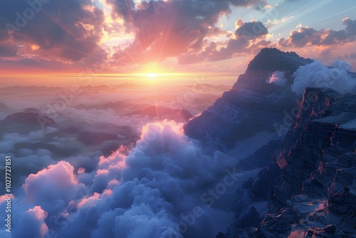 The sun is setting over the mountains above the clouds