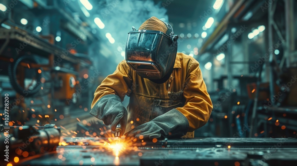 Skilled Welder Working on a Metal Project in Industrial Workshop Skilled Welder Working on a Metal Project in Industrial Workshop