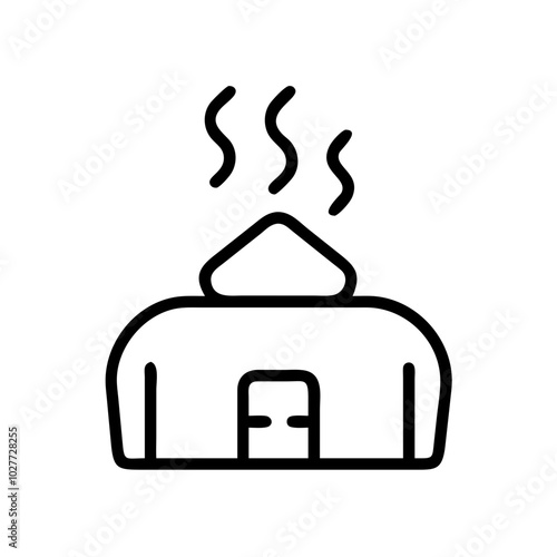 Line drawing of a sauna building with steam.