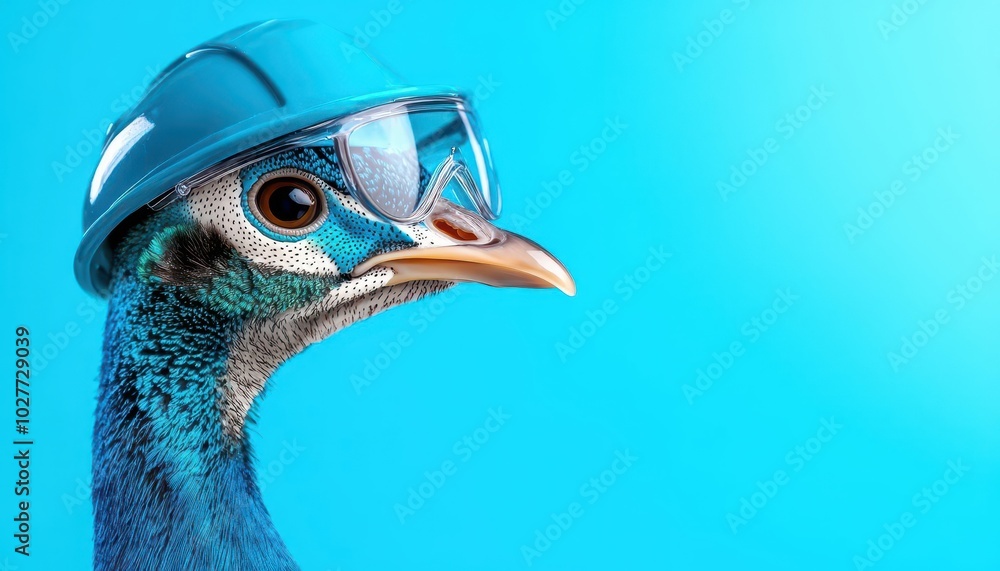 Obraz premium Peacock wearing a construction helmet and goggles, isolated on blue background.