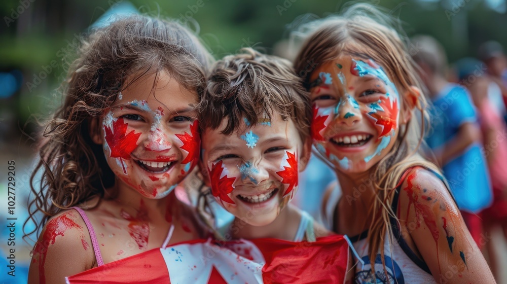 Joyful Children Celebrating Canada Day With Colorful Face Paint and Flags at a Festive Gathering