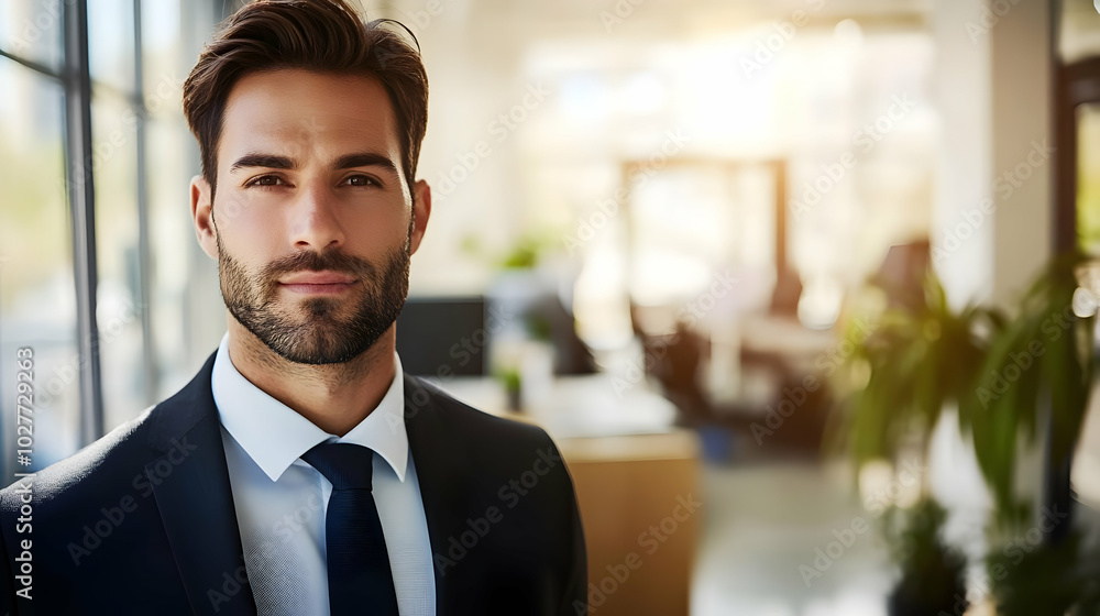 Fototapeta premium A confident man in a suit stands in a modern office setting.