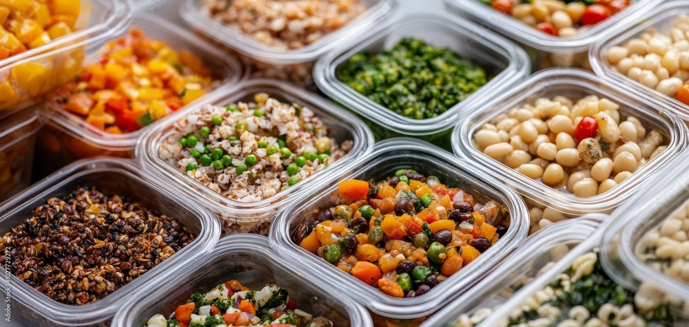 A colorful array of various healthy ingredients neatly arranged in clear containers, showcasing grains, legumes, and vegetables, perfect for meal prep and healthy eating. A colorful array of various healthy ingredients neatly arranged in clear containers, showcasing grains, legumes, and vegetables, perfect for meal prep and healthy eating.