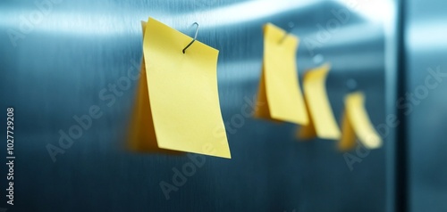 A collection of yellow sticky notes hanging on a metallic elevator wall, suggesting organization and communication in a modern workspace. photo