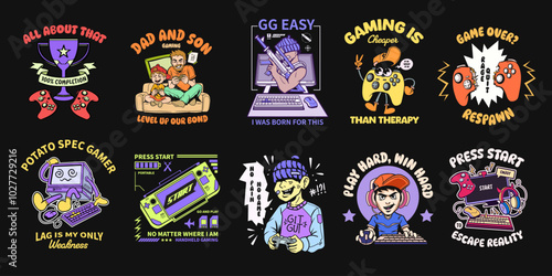 Funny gaming t-shirt design bundle, gaming graphic vector set, gamer quotes, gaming poster. Gaming design for print.