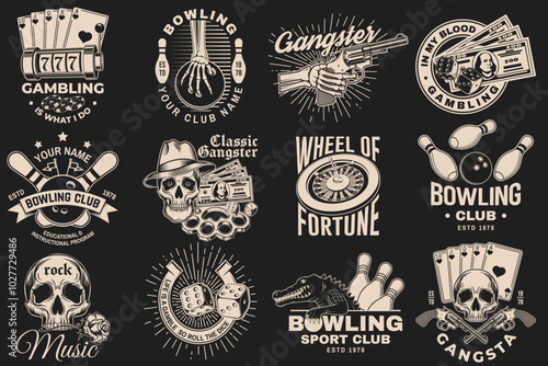 Set of bowling, gangster club and casino badge design. Vector illustration. Vintage monochrome label, sticker, patch with gangster, bowling and casino games silhouettes.