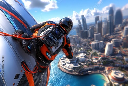 3D-rendered scene of a person bungee jumping off a high-tech building, with the city below rendered in detailed, vibrant 3D, capturing the sense of depth and danger