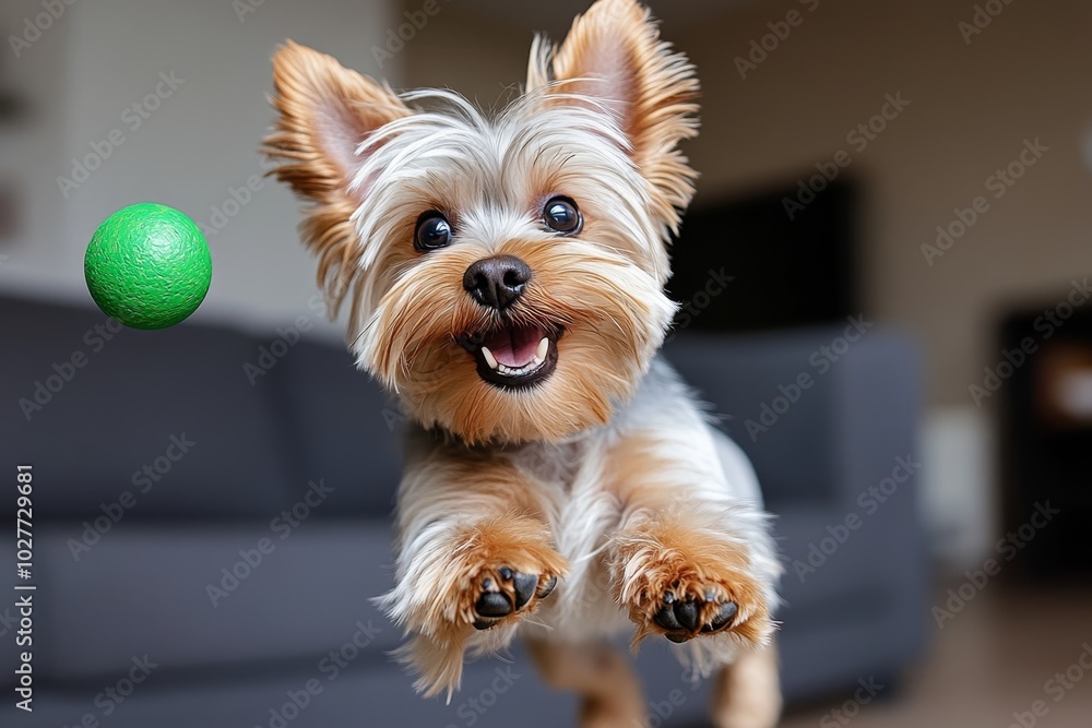 A Yorkshire Terrier jumping to catch a small ball, its body mid-air and ...