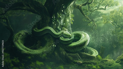 Green snake rests on a mossy tree in a magical forest, basking in filtered light. The scene is enchanting, evoking wonder and tranquility