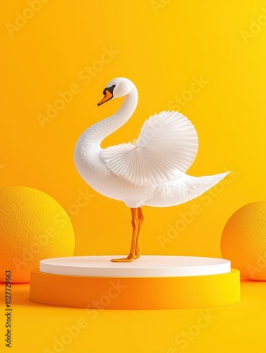 Swan figure on a vibrant yellow backdrop with geometric shapes. photo