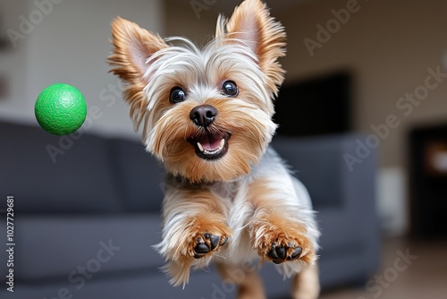 A Yorkshire Terrier jumping to catch a small ball, its body mid-air and full of excitement, showing its agility and boundless energy photo