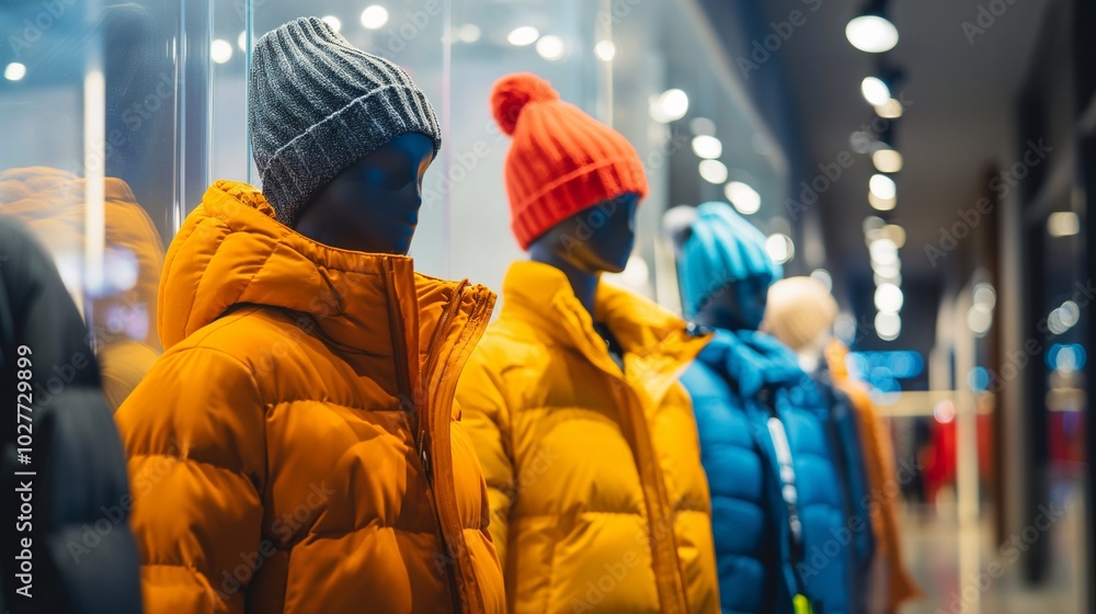 A boutique window display showcasing mannequins dressed in a variety of warm outerwear, jackets, coats, complemented by knitted hats, winter fashion collection, shopping season. Background copy space A boutique window display showcasing mannequins dressed in a variety of warm outerwear, jackets, coats, complemented by knitted hats, winter fashion collection, shopping season. Background copy space