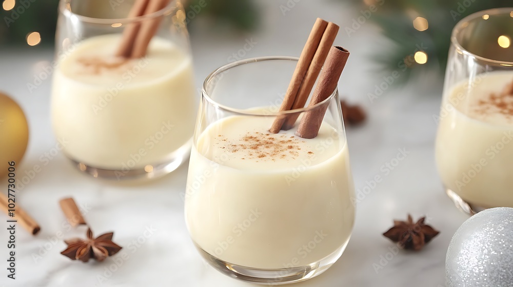Festive eggnog with cinnamon sticks served in holiday-themed glasses Festive eggnog with cinnamon sticks served in holiday-themed glasses