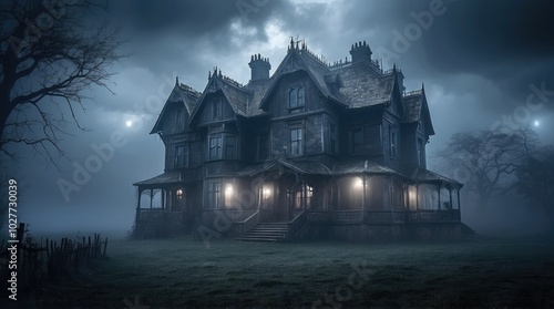 A foggy scene featuring a Victorian-style house illuminated through its windows, nestled among dark,