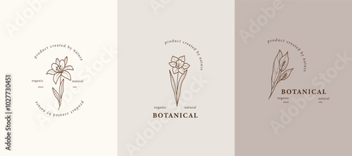 Line art floral logotypes. Lily, daffodil, spathiphyllum illustration