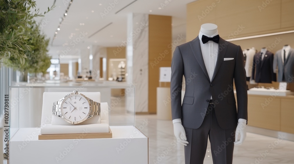 Mannequin in a sharp tailored suit with velvet bowtie and diamond watch, posed in a marble-floored luxury boutique Mannequin in a sharp tailored suit with velvet bowtie and diamond watch, posed in a marble-floored luxury boutique
