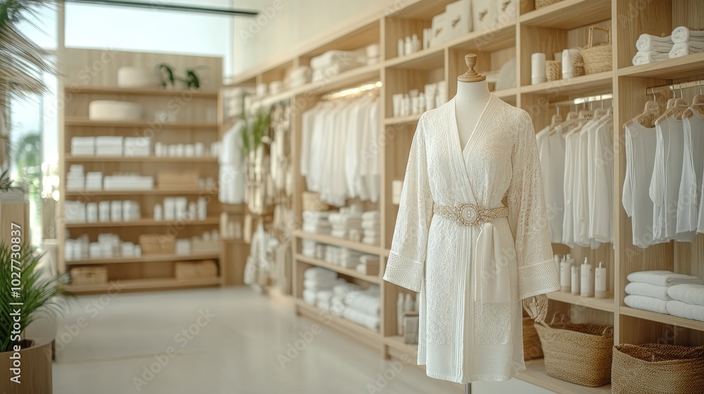 Mannequin modeling an exquisite satin robe with lace accents and jeweled belt in a luxury lingerie boutique with soft lighting Mannequin modeling an exquisite satin robe with lace accents and jeweled belt in a luxury lingerie boutique with soft lighting