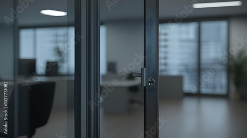 A modern office interior with a glass door, showcasing a professional workspace.
