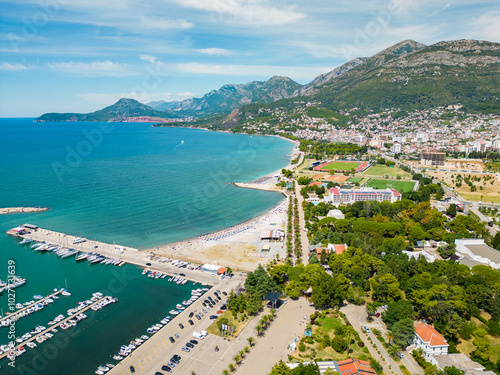 Aerial drone perspective of Bar Port. Luxury travel destination in Montenegro. Yachts and boats docked.  photo