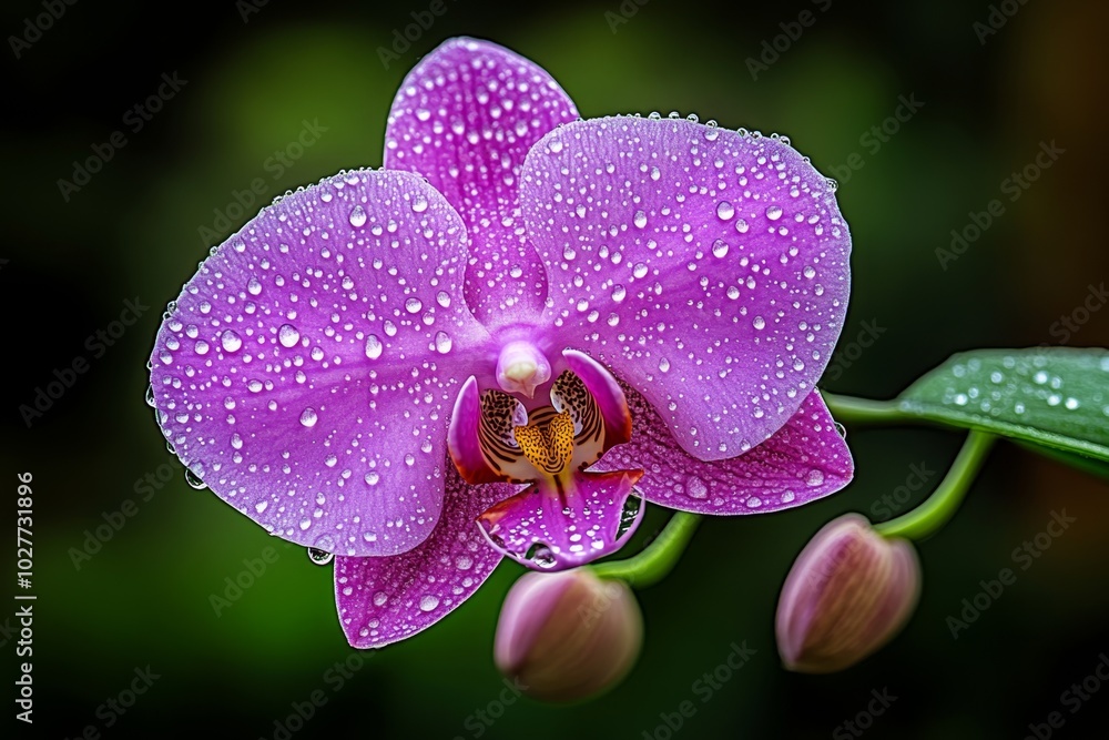Detailed shot of morning dew on orchid petals, with each droplet reflecting the surrounding garden, showing the fine texture of the delicate petals and leaves Detailed shot of morning dew on orchid petals, with each droplet reflecting the surrounding garden, showing the fine texture of the delicate petals and leaves