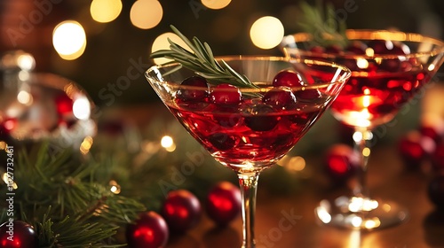 Holiday cocktails with cranberries and rosemary served on a Christmas-themed table