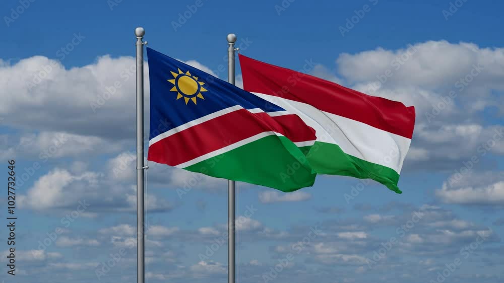 Hungary and Namibia flags flying together, video concept of the relationship, two country relations concept Hungary and Namibia flags flying together, video concept of the relationship, two country relations concept