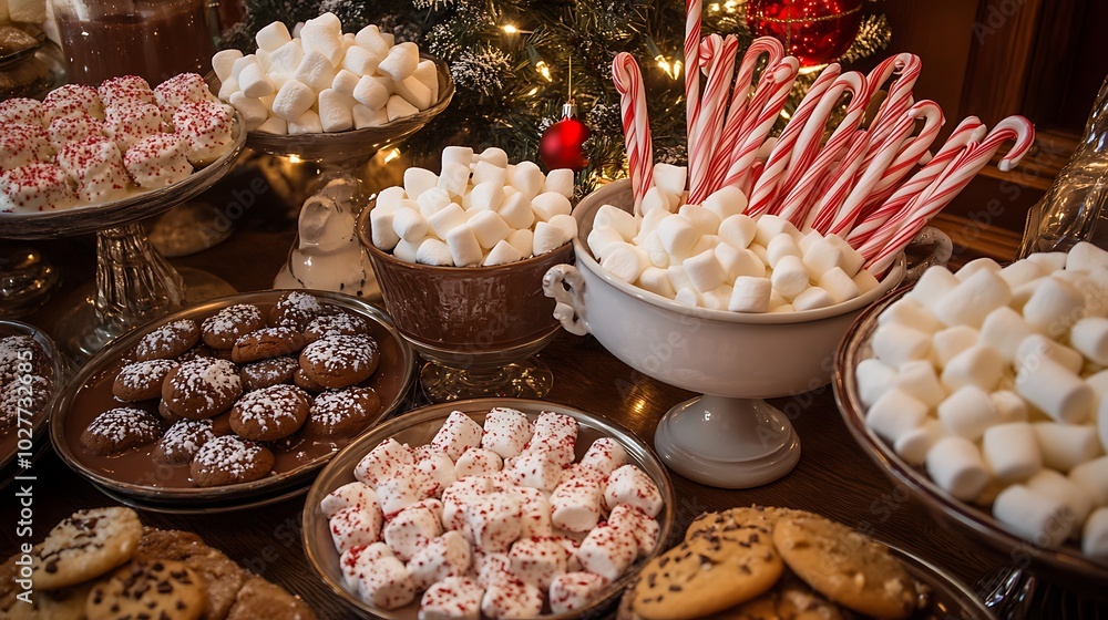 Hot chocolate bar with marshmallows peppermint sticks and Christmas cookies Hot chocolate bar with marshmallows peppermint sticks and Christmas cookies