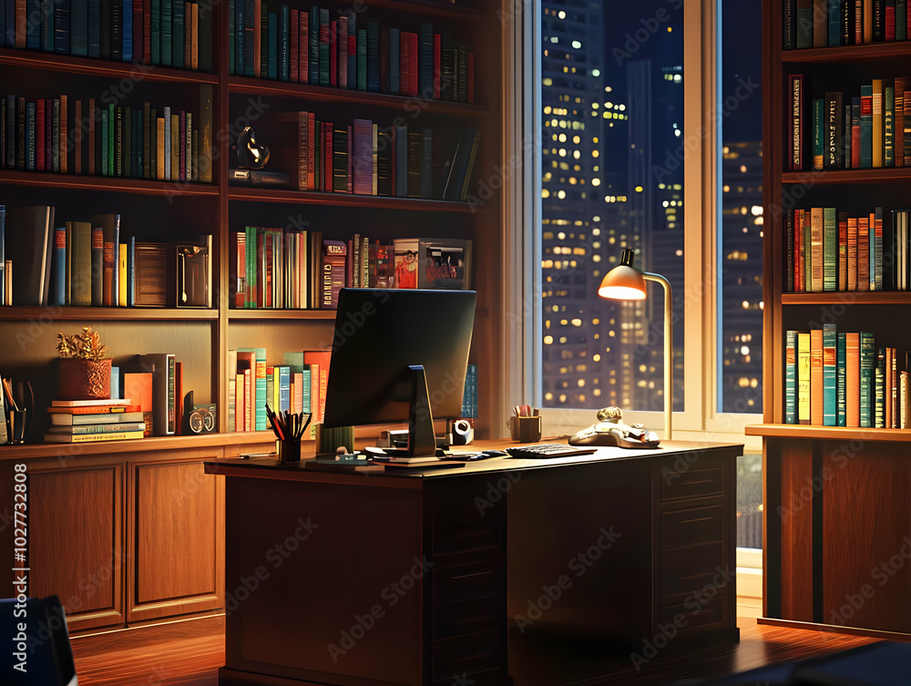 A cozy office space with bookshelves, a desk, and a city view at night. A cozy office space with bookshelves, a desk, and a city view at night.