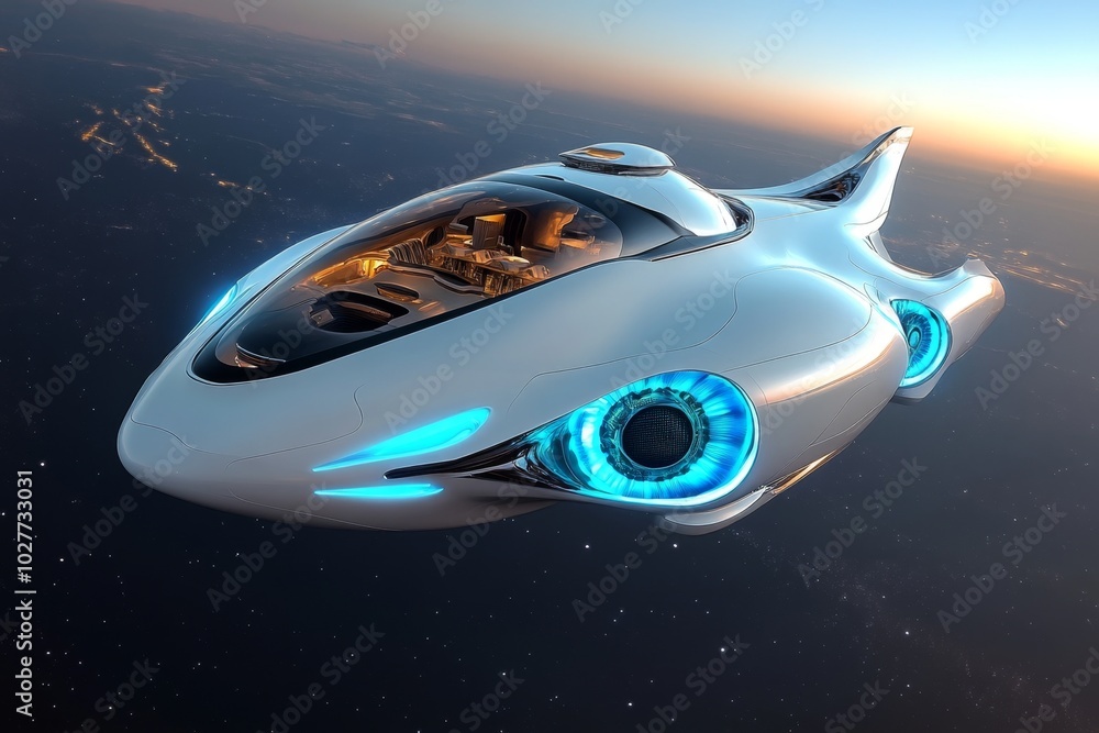 Obraz premium Futuristic spaceship designed like a luxury yacht, with sleek, aerodynamic lines and glowing blue engines, cruising through the stars with an opulent interior visible through the windows