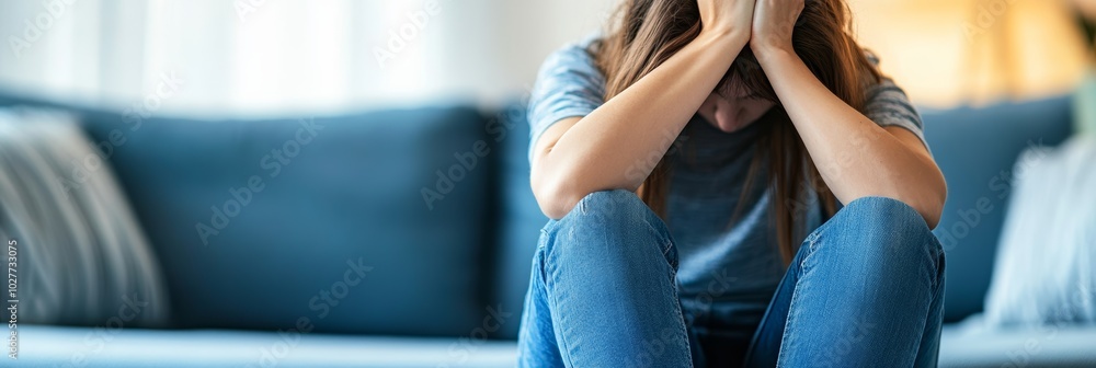 Young woman is sitting on the floor in her living room, covering her ...