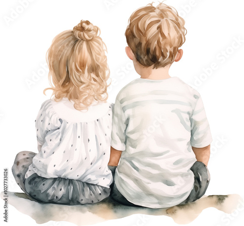Watercolor sitting boy and girl toddler kids brothers and sisters from the back view wearing in a t-shirt on transparent background