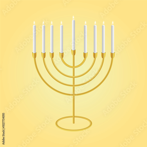 Hanukkah menorah vector, Hanukkah menorah candelabrum with nine lit candles flat vector color icon for holiday apps and websites