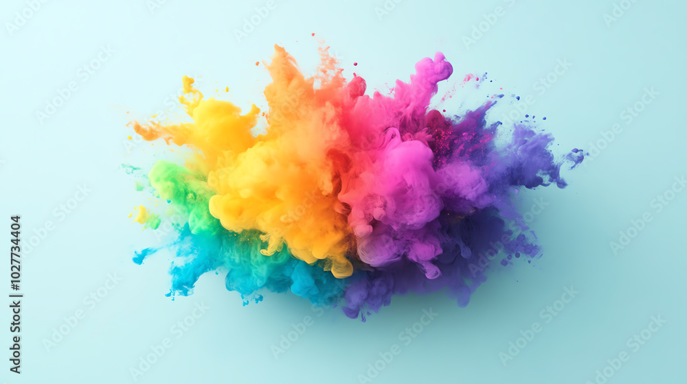 Fototapeta premium A vibrant explosion of colorful powder creating a stunning visual effect against a soft blue background, perfect for artistic designs and creative projects.