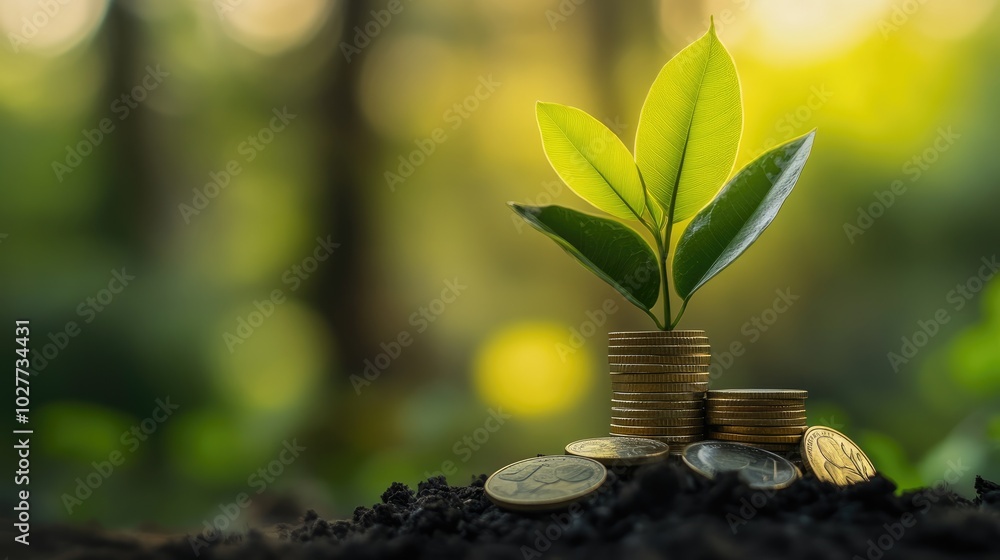 A close-up of a green plant growing from a pile of coins with a bright background, illustrating the growth of savings and investments A close-up of a green plant growing from a pile of coins with a bright background, illustrating the growth of savings and investments